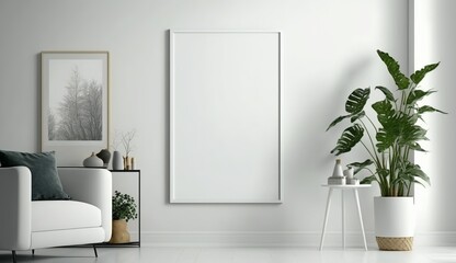 White blank poster mockup in living, scandinavian style, Generative ai