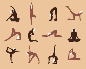 set of silhouette girls in brown and dark brown colors in different poses doing yoga sport exercise with white hair on pale yellow background for web apps banners
