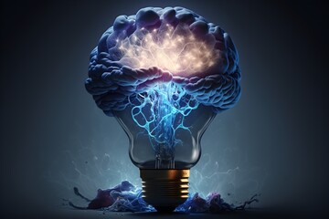 Glühbirne mit Gehirn das eine Idee, Eingebung  oder eine innovativer, kreativer Einfall andeutet. KI generiert.