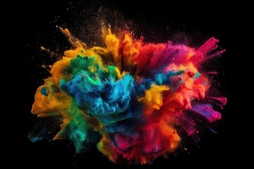 Colourful paint splashes, Coloured powder explosion. Paint holi, Mix rainbow splash on isolated black background - Generative AI Illustration