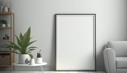 White blank poster mockup in living, scandinavian style, Generative ai