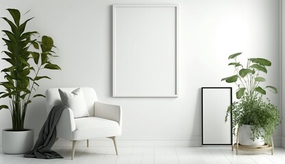 White blank poster mockup in living, scandinavian style, Generative ai