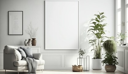 White blank poster mockup in living, scandinavian style, Generative ai