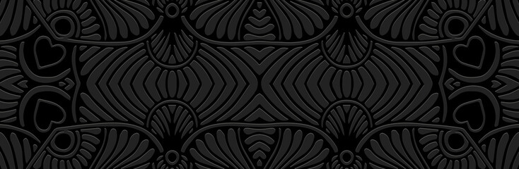 Banner, cover design. Embossed ethnic geometric 3D pattern on a black background with hearts. Handmade ornaments of the East, Asia, India, Mexico, Aztecs, Peru. Unique doodling and zentagle style.