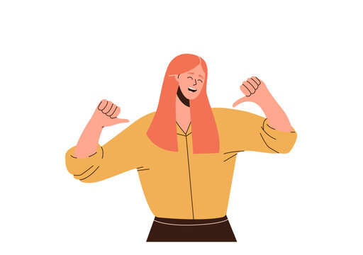 Happy smiling confident woman character pointing to herself expressing sense of self-assurance