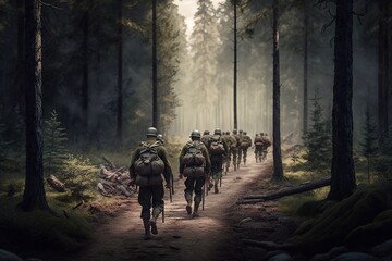 Fully Equipped Soldier's Group Moves Further in the Dense Forest. Generative AI