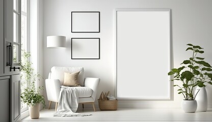 White blank poster mockup in living, scandinavian style, Generative ai