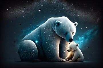 Mother polar bear and baby polar bear under the stars. Generative AI - obrazy, fototapety, plakaty