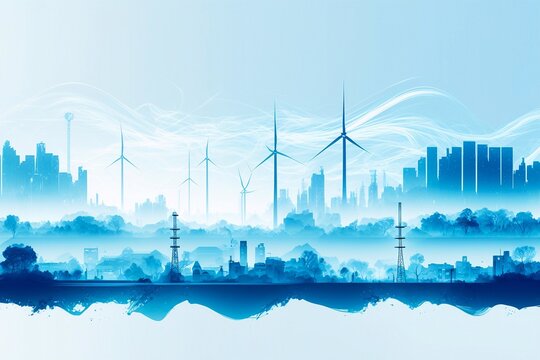 Smart energy city skyline with nature and power grid and wind turbine. Generative AI