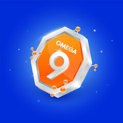 Omega 9 in octagon orange shape and atom around. Logo label nutrition 3D silver isolated on blue background. Used for products food design. Fish oil polyunsaturated fatty nutrient. Vector EPS10.
