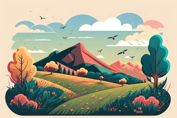 Summer fields landscape with green grass hills on horizon in cartoon style. Outdoor meadow environment concept with cloudscape. Generative AI