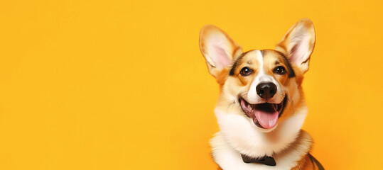 Corgi dog close-up on a yellow background, banner, place for text and advertising. AI generated