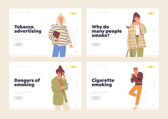 Set of landing page with smoking young people character and anti-tobacco information advertising
