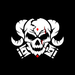 skull with horn rider logo. Skull biker badge logo illustration. Skull with horn and Pistons logo concept. Skull and Pistons. 