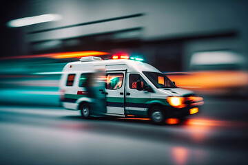 Fototapeta na wymiar A speeding emergency medical services ambulance, with motion blur. Generative AI