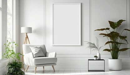 White blank poster mockup in living, scandinavian style, Generative ai