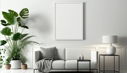 White blank poster mockup in living, scandinavian style, Generative ai