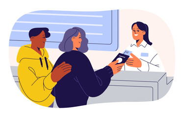 Passengers at check-in counter at airport. Tourists couple giving passport, ticket, boarding pass for control at checkin desk at terminal. Flat graphic vector illustration isolated on white background