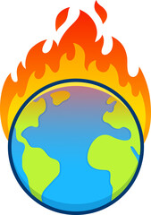 Cartoon planet Earth on fire, global warming and climate crisis drawing.