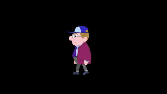 Cartoon man character with baseball cap.
Loop cycle animation of a walking cartoon man character with blue baseball cap.
