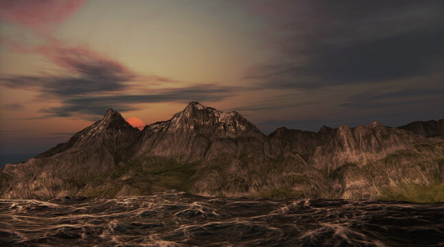 twilight sunset on the mountain the sky is orange 3D illustration