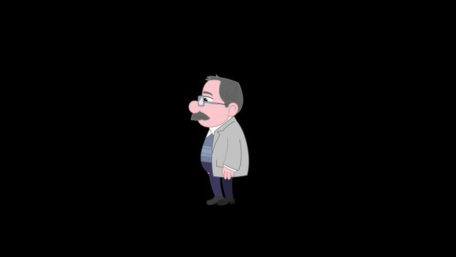 Cartoon man character with big moustache.
Loop cycle animation of a walking cartoon man character with big moustache.
