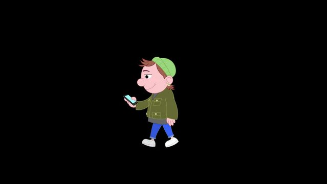 Teenage kid walking with smartphone.
Loop cycle animation of a walking cartoon teenage kid character.