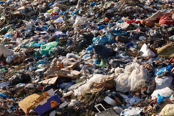 Open air garbage dump. Plastic waste pollution. Global warming. Climate