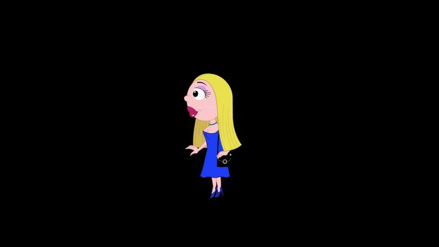 Cartoon woman character with long blond hairs.
Loop cycle animation of a walking cartoon lady character with blue dress and blond hairs.
