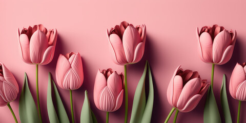 Beautiful pink tulips with green leaves isolated on a delicate pink table. Copy space for text. Creative spring banner template. Generative AI art.