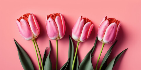 Beautiful pink tulips zoom with green leaves isolated on a delicate pink background. Copy space for text. Creative spring banner template. Generative AI art.