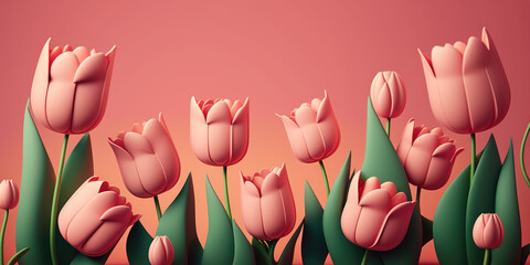 Beautiful pink tulips with green leaves cartoon style isolated on a delicate pink background. Copy space for text. Creative spring banner template. Generative AI art.