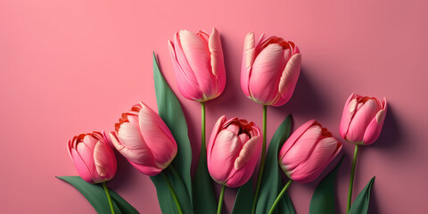 Beautiful pink tulips with green leaves isolated on a delicate pink background. Copy space for text. Creative flower banner template. Generative AI art.