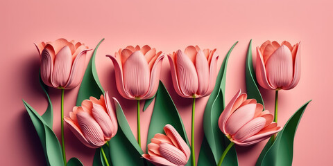 Beautiful pink tulips with green leaves isolated on a delicate pink background. Copy space for text. Creative spring blooming banner template. Generative AI art.