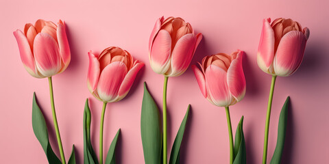 Five pink tulips with green leaves isolated on a delicate pink background. Copy space for text. Creative spring banner template. Generative AI art.