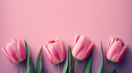 Beautiful pink tulips with green leaves isolated on a delicate pink background. Copy space for text. Creative spring horizontal banner template. Generative AI art.