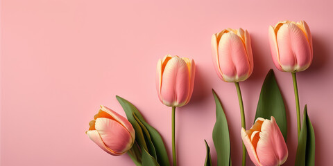 Beautiful pink tulips with green leaves isolated on a delicate pink background. Text space. Creative spring banner template. Generative AI art.