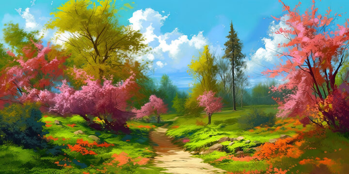 Beautiful landscape of a walk park in spring. Blossoming flowers on trees.