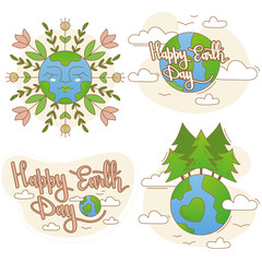 Save our planet. World Environment day or Earth day concept. Vector flat sticker illustrations with hand lettering.  Art for poster, banner, website, placecard, flyer.
