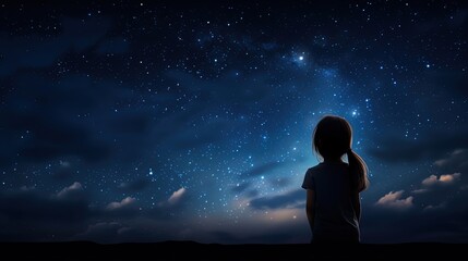 a girl looking at night starry sky with glitter glow galaxy flicker above, idea for prayer of hope, love, peace theme, Generative Ai	
