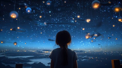 Fototapeta premium a girl looking at night starry sky with glitter glow galaxy flicker above, idea for prayer of hope, love, peace theme, Generative Ai 