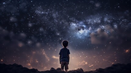 Fototapeta na wymiar a boy looking at night starry sky with glitter glow galaxy flicker above, idea for prayer of hope, love, peace theme, Generative Ai 