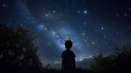Obraz na płótnie Canvas a boy looking at night starry sky with glitter glow galaxy flicker above, idea for prayer of hope, love, peace theme, Generative Ai 