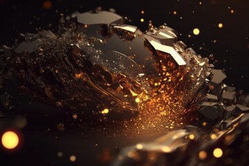 Golden glitter dust defocused on dark textured background. Abstract sparkle gold particle bokeh. Generative AI