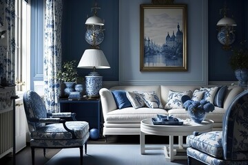 Blue and White interior design. Generative Ai.