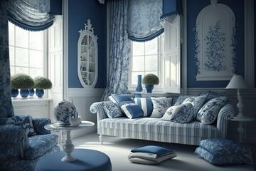 Blue and White interior design. Generative Ai.