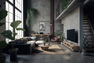 concrete living room interior in loft, industrial style. Generative Ai.