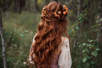 pretty beautiful braiding hairstyle, red hair bridal bohemian hairstyle in nature landscape, Generative Ai