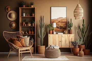 Cozy home interior with wooden furniture on brown background, empty wall mockup in boho decoration. Generative Ai.