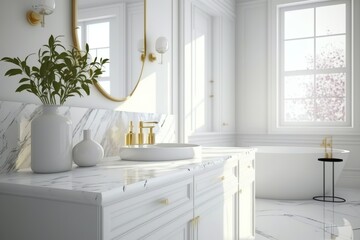 Elegant white bathroom interior with marble white countertop with copy space and bathroom appliances product. Generative Ai.